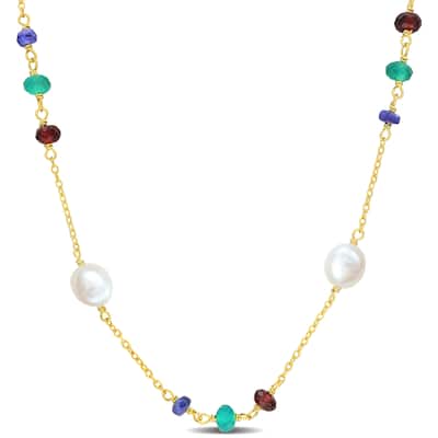 Miadora 2 4/5ct TGW Blue Sapphire Garnet Green Onyx Cultured Freshwater Pearl Necklace in Yellow Silver-17+2in
