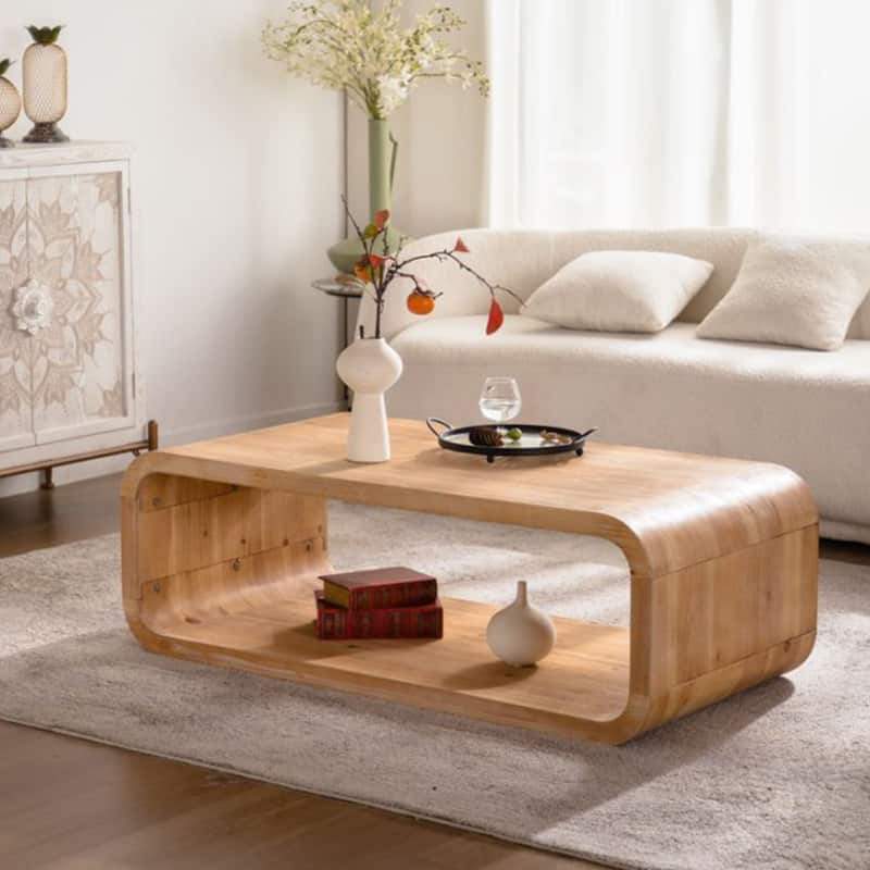 GDFStudio - Modern Curved Open-Frame Coffee Table with Light Wood Finish and Open Storage Shelf
