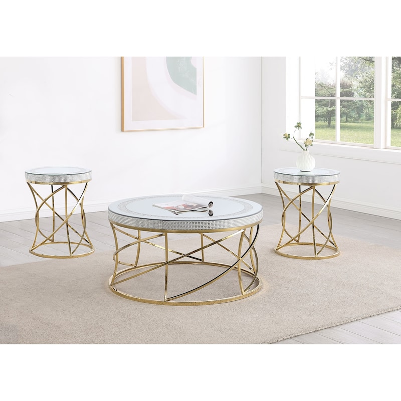 Elise Round Mirror Top Coffee And End Table Set Gold - 3-piece set