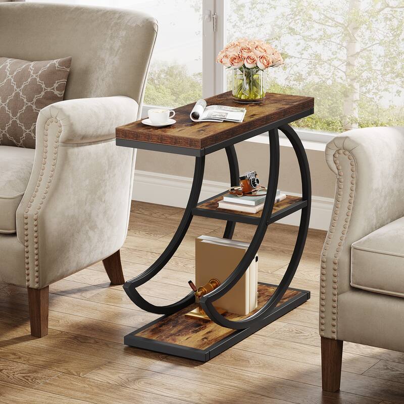 Industrial Crescent Frame End Table 3-Tier Side Table Living Room - Brown+Black