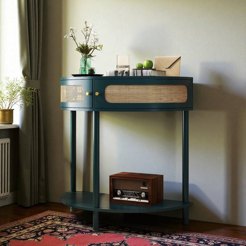 31.5" Half Moon Console Table with Sliding Rattan Doors, 2 Storage Cabinets and Bottom Shelf for Entryway or Living Room