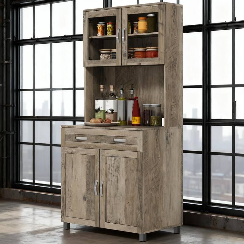67" Retro Buffet with Hutch, Kitchen Pantry Storage Cabinet with Shelves, Drawers, Framed Glass Doors, Open Countertop