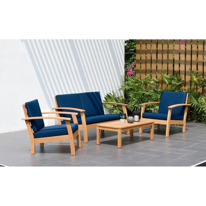 Tottenville 4-piece Patio Conversation Set by Havenside Home - Teak finish & Blue cushions