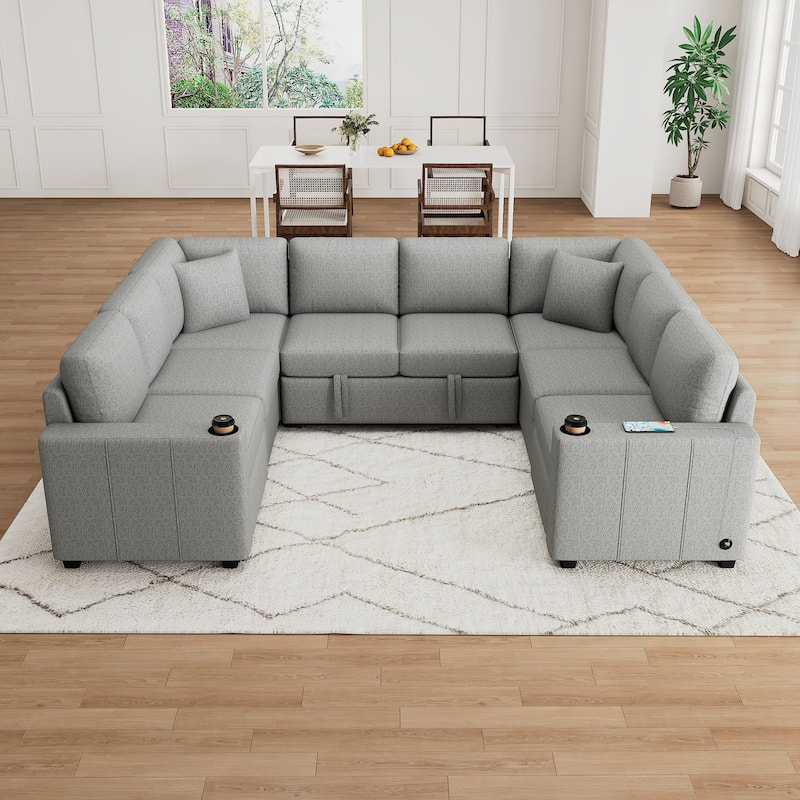 107.1" Convertible Pull Out Sofa Bed, Chenille Fabric U Shaped Sectional Sleeper Sofa Couch with USB Charging and Cup Holders