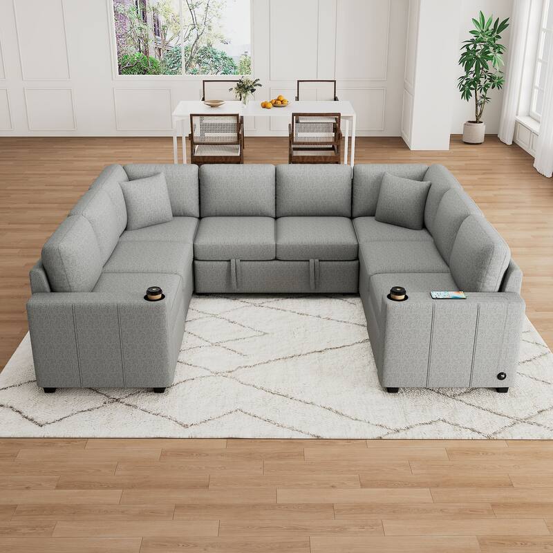 Convertible Sectional Sofa with Pull-out Sofa Bed and Dual Cup Holders