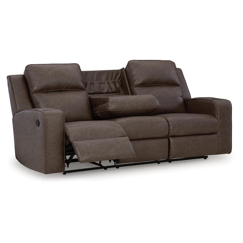 Livie Manual Recliner Sofa, USB, Table 87in Brown Gray Faux Leather