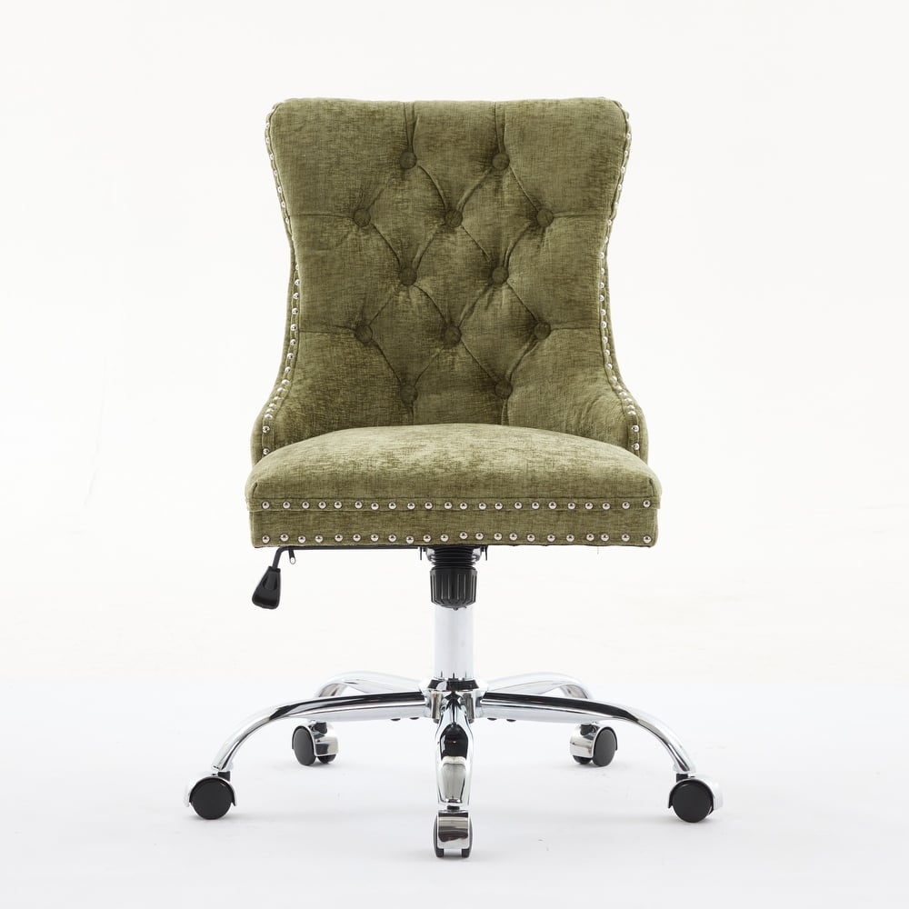 Chenille Upholstered Swivel Office Chair, Tufted Button Home Office Chair, Adjustable Vanity Chair with Metal Base