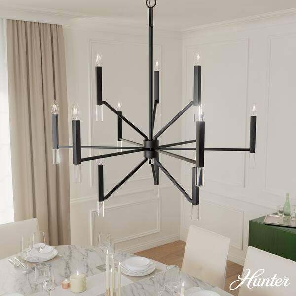 slide 2 of 15, Hunter Sunjai 12-Light 3-Tier Candle Chandelier - Contemporary, Glam, Geometric Matte Black
