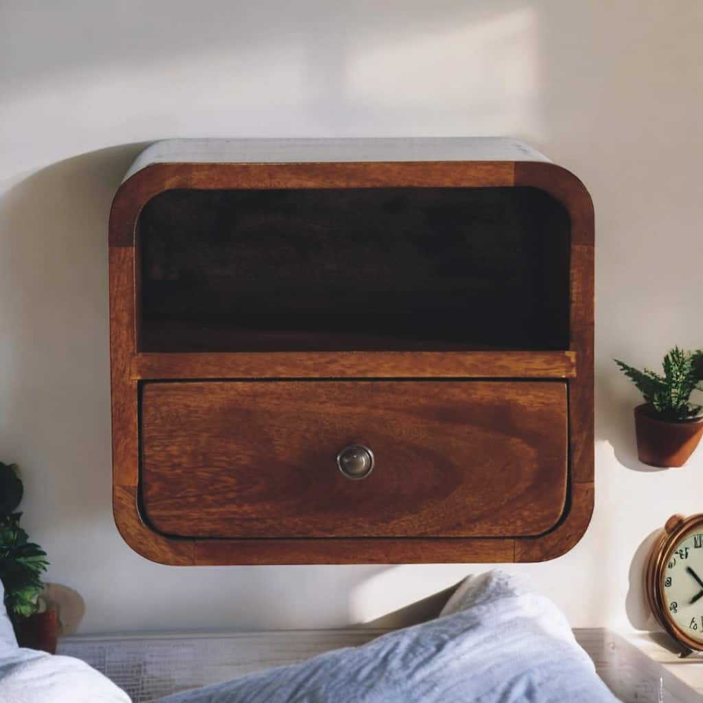 Artisan Furniture Solid Wood Extra Mini Wall Mounted Curved Chestnut Bedside with Open Slot