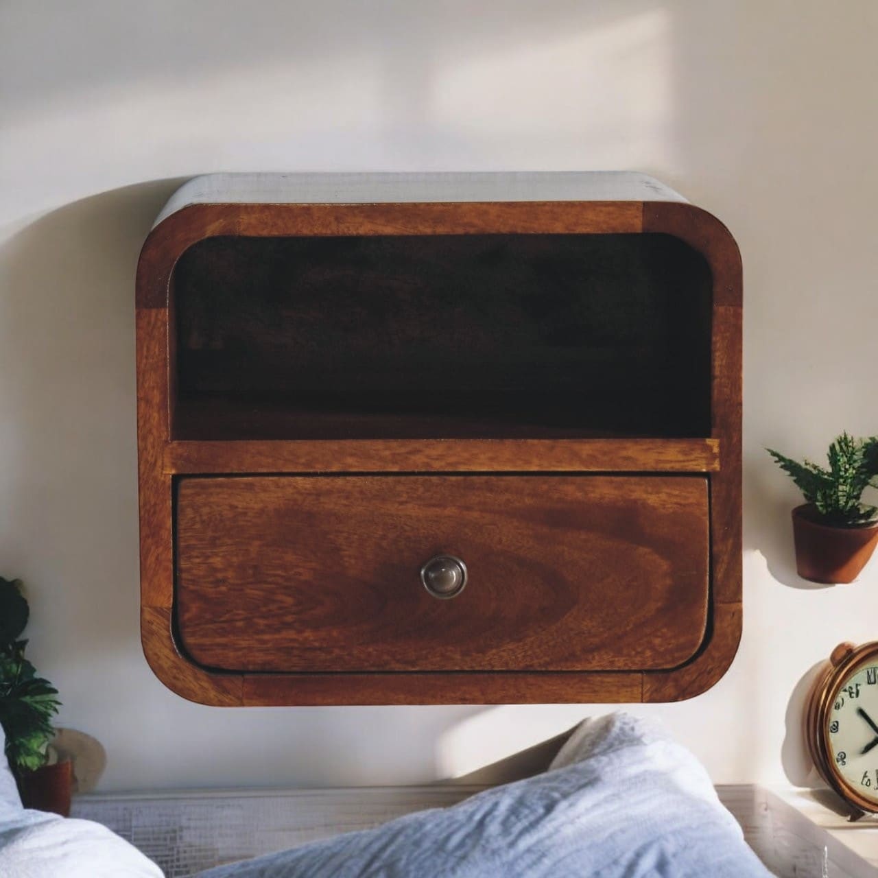 Artisan Furniture Solid Wood Extra Mini Wall Mounted Curved Chestnut Bedside with Open Slot