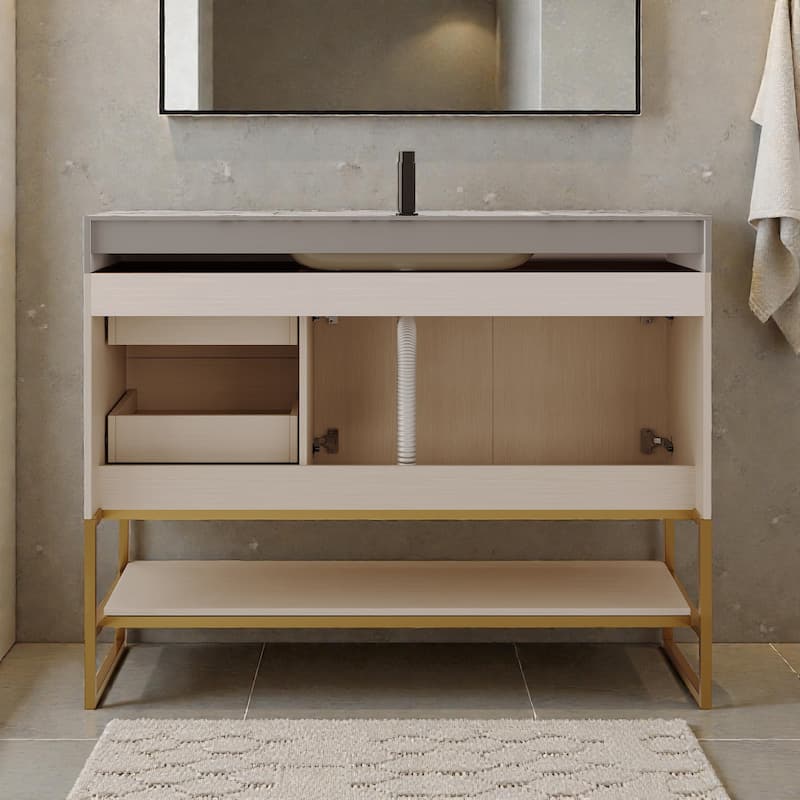 36 Inch Modern Bathroom Vanity with Seamless Ceramic Sink, Freestanding Cabinet with Gold Accents and Storage