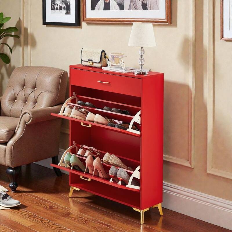 Shoe Storage Cabinet with 2 Flip Drawers, Freestanding Hidden Shoe Organizer with Metal Legs for Entryway