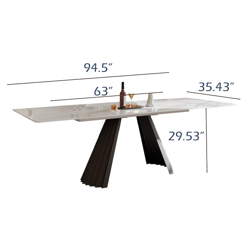 63-95" Extendable Modern Dining Table for 6-10, White Glossy Sintered Stone Tabletop