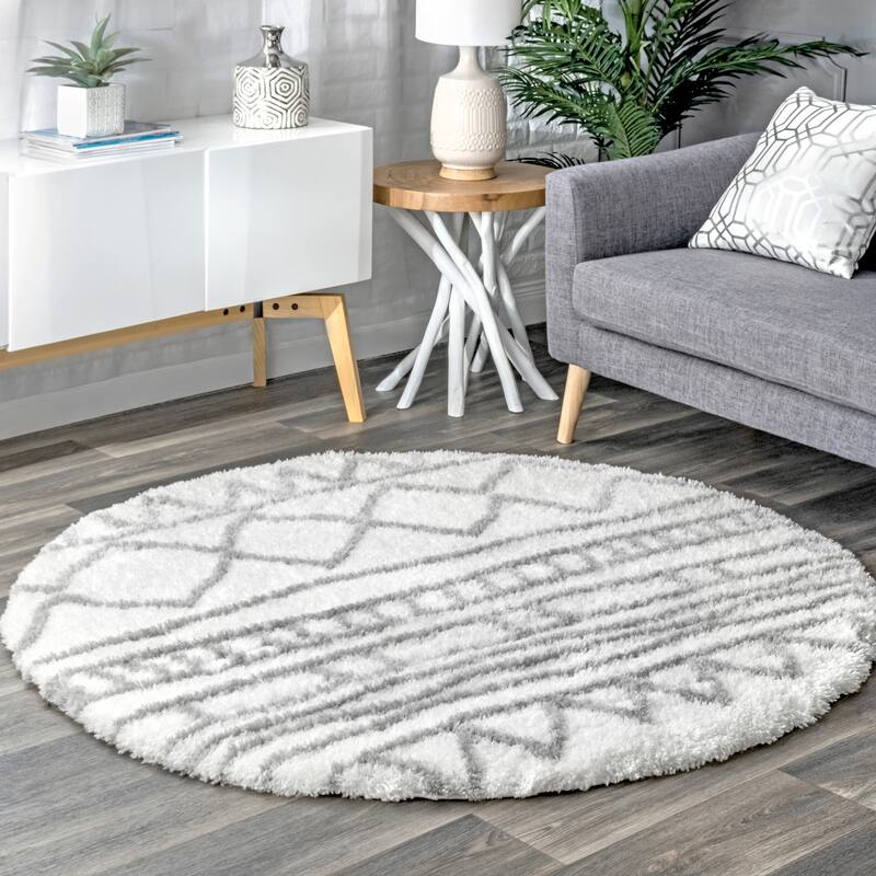 Nuloom Cloudy Shag Moroccan Geometric Grey Rug - 5'3" Round - Gray - Round