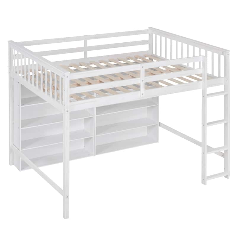 Full Size Loft Bed with Built-in Ladder and Storage Shelves, Space-Saving Design