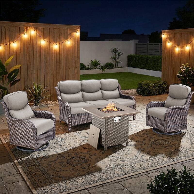 Pocassy Outdoor Propane Fire Table with Sofa Swivel Chair Table Funiture Set. - Brown Wicker Gray Cushion - 4-Piece Sofa Swivel Chair w/ Fie Pit Table