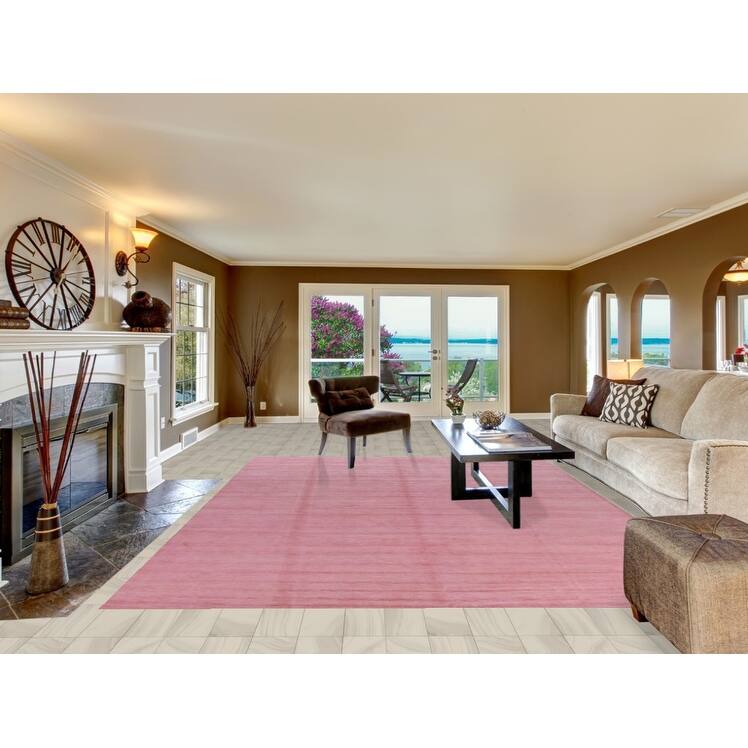Hand Knotted Oriental 100% Wool Carpet Modern Solid Pink Gabbeh Area Rug - 12' 4'' X 9' 1''
