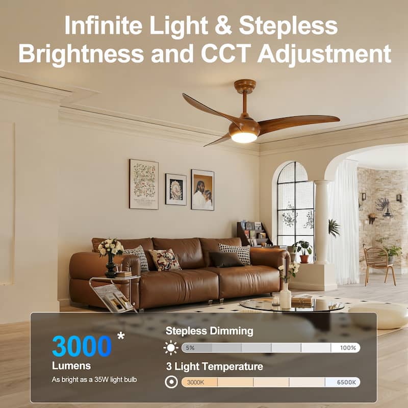 Sofucor 52" Solid Wood/ABS Noiseless Ceiling Fan with Dimmable Light Optional and Remote, 6-Speed Reversible, Smart Optional