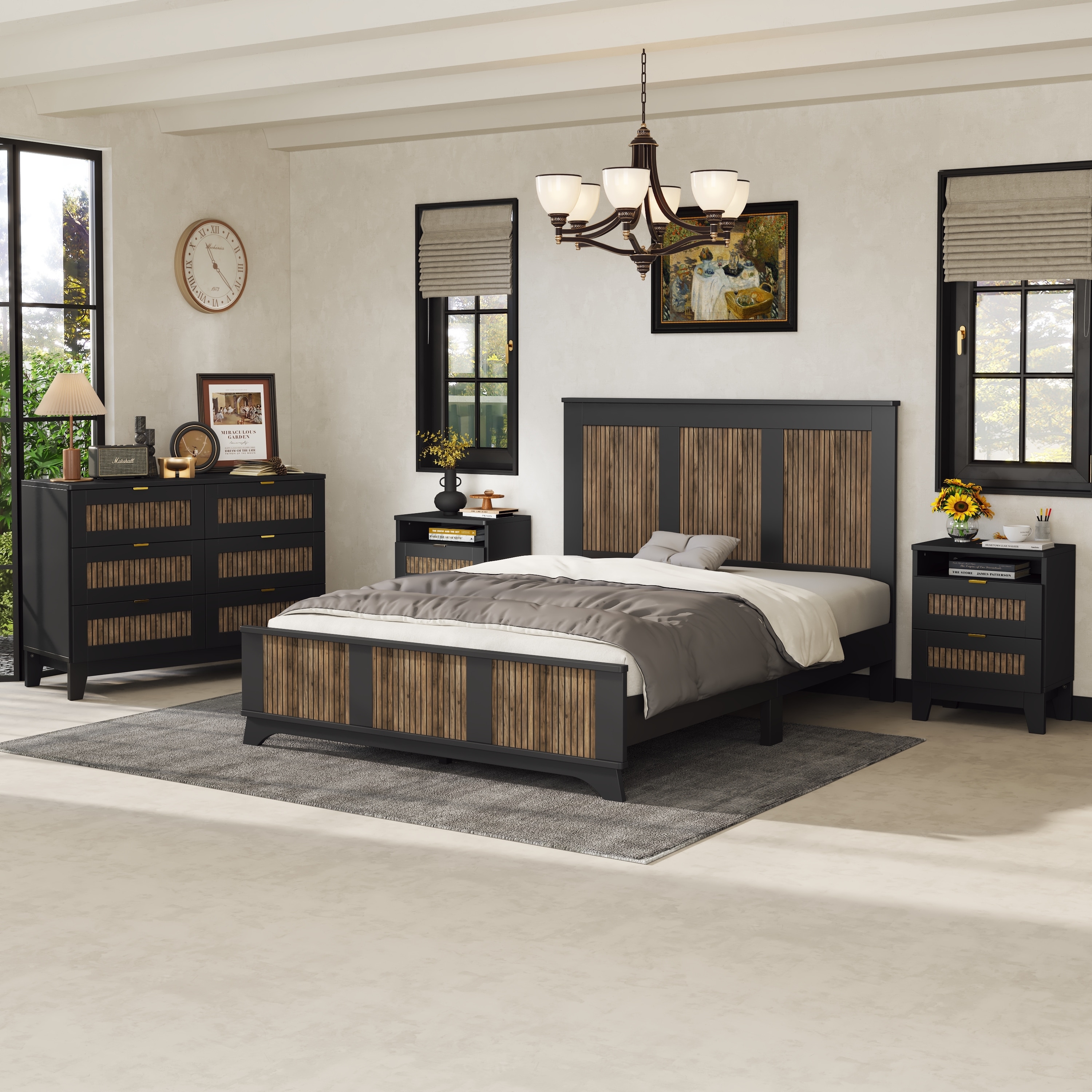Roomfitters 4 Piece Bedroom Set, Queen Farmhouse Platform Bed Frame, Slatted Wood Design with Bedside Tables, Black