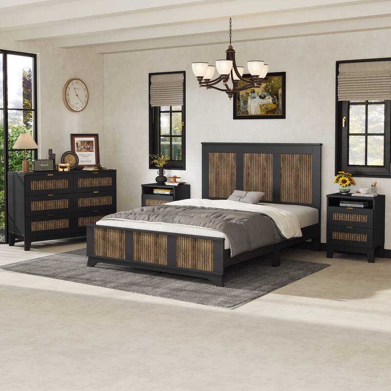 Roomfitters 4 Piece Bedroom Set, Queen Farmhouse Platform Bed Frame, Slatted Wood Design with Bedside Tables, Black - Black