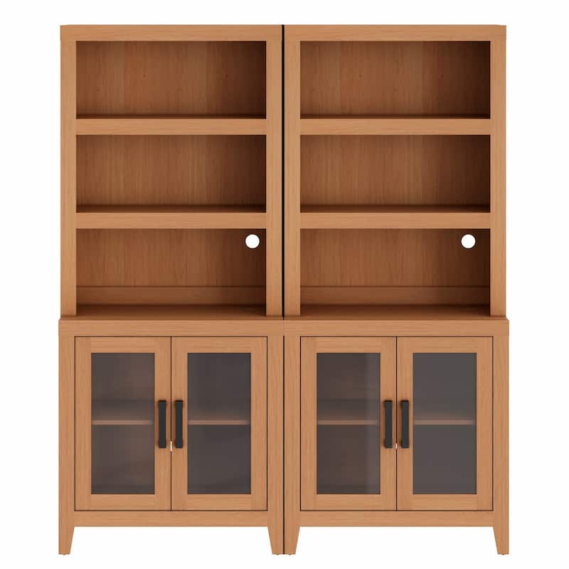 WAMPAT 3 Tier Bookshelf with Glass Door, 74" Tall Bookcase with Adjustable Shelf and Storage Cabinet, Farmhouse Wooden Bookshelf