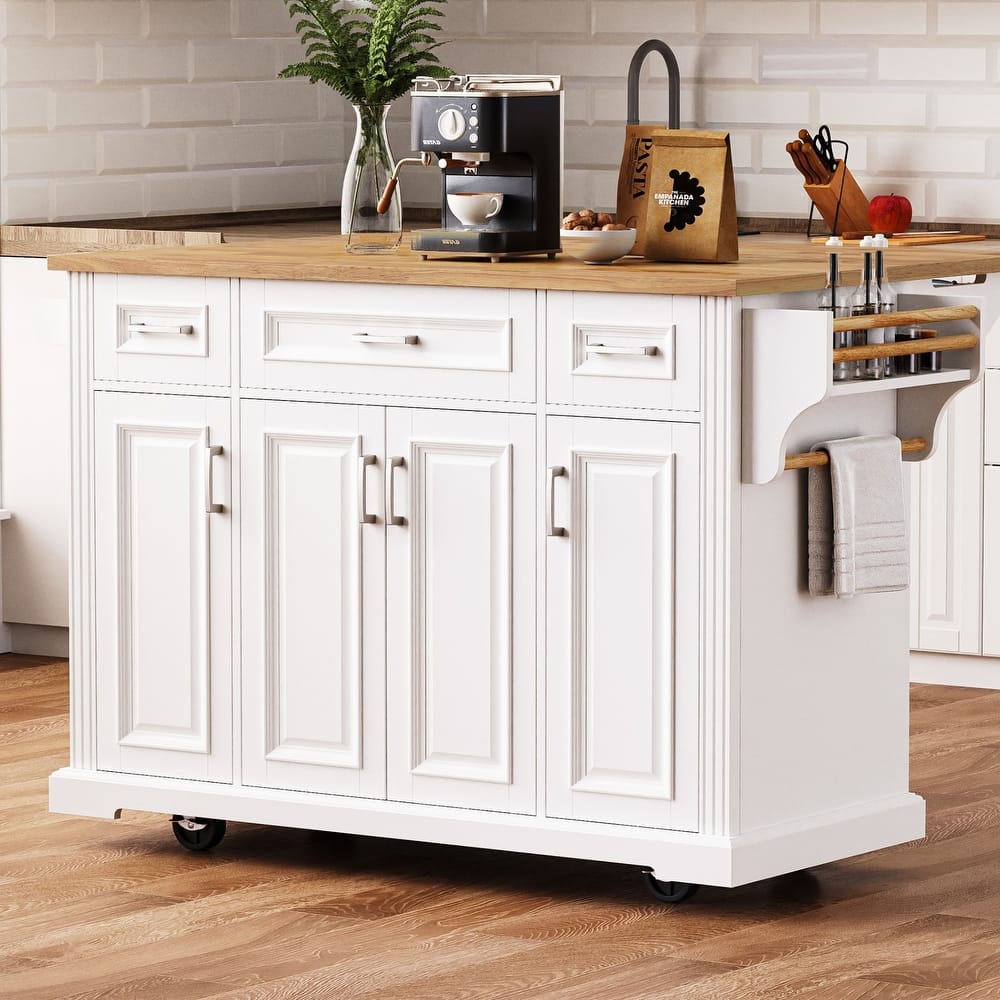 54" Large Rolling Kitchen Island with Rubber Wood Drop Leaf - Embossed Texture Storage Cart with 4 Doors & 3 Drawers for Kitchen