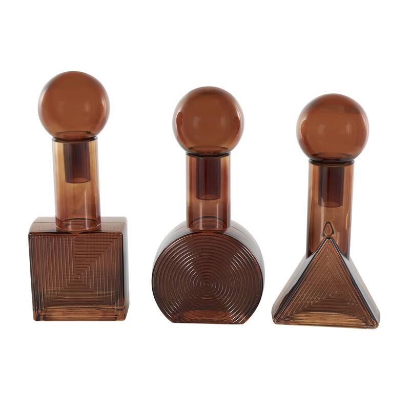 Glass Geometric Shapes Ombre Living Room Decorative Jars with Textured Grooves - Set of 3 Brown - Roche River Decor
