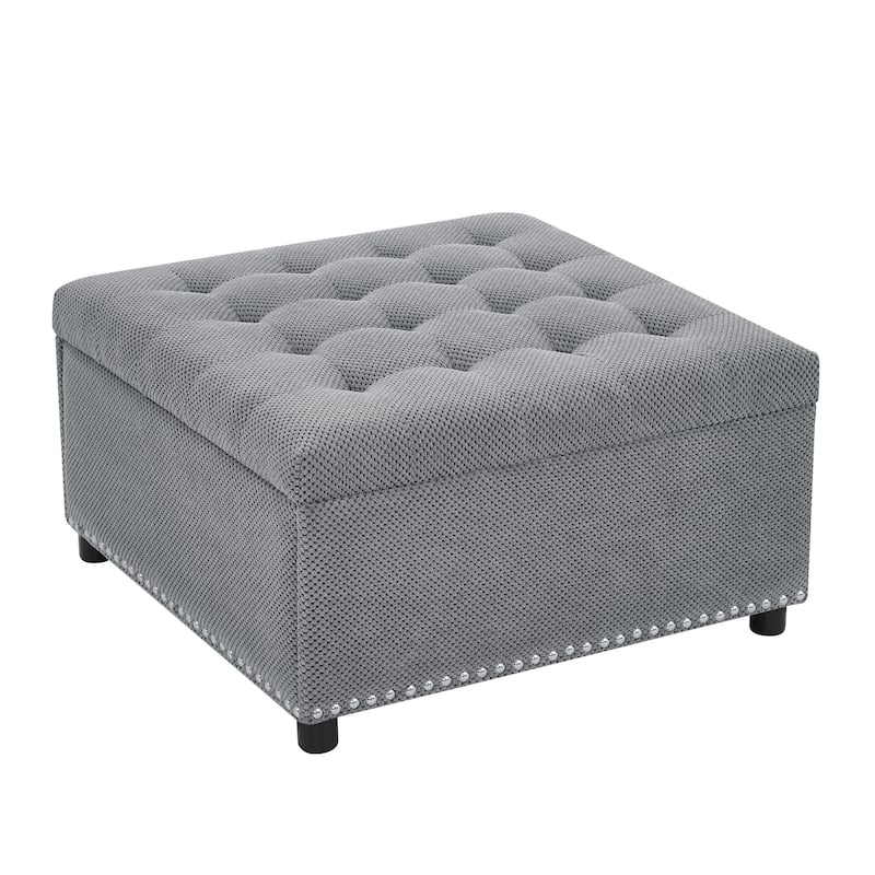 Square Tufted Upholstered Storage Ottoman with Nailhead Trim