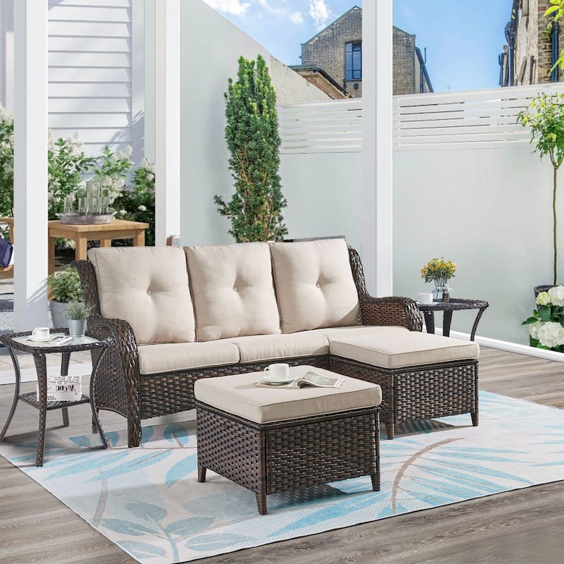 Gymojoy 5-Piece Outdoor Wicker Patio Furniture with 3 Seat Sofa, Rattan Coversation Set with Water Resistant Thick Cushions - Brown Wicker / Beige Cusion - 5-Piece