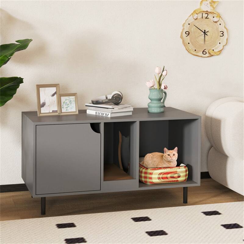 Hidden Cat Litter Box Cabinet With Storage And Scratch Pad - Grey