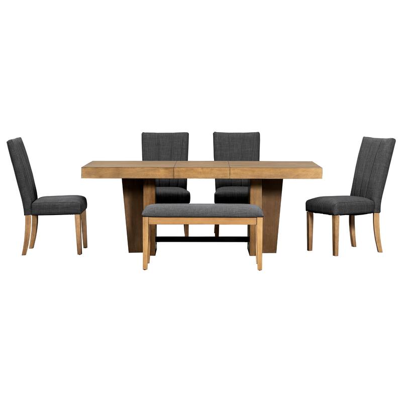 78.1inch Extendable Dining Table Set for 6, Kitchen Table Set with Bench and 4 Chairs,3.8inch Thick Tabletop and Trestle Legs