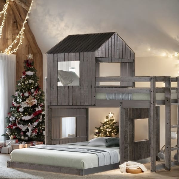 slide 2 of 12, Wooden Twin Over Full Bunk Bed, Loft Bed with Playhouse, Farmhouse, Ladder and Guardrails Antique Gray