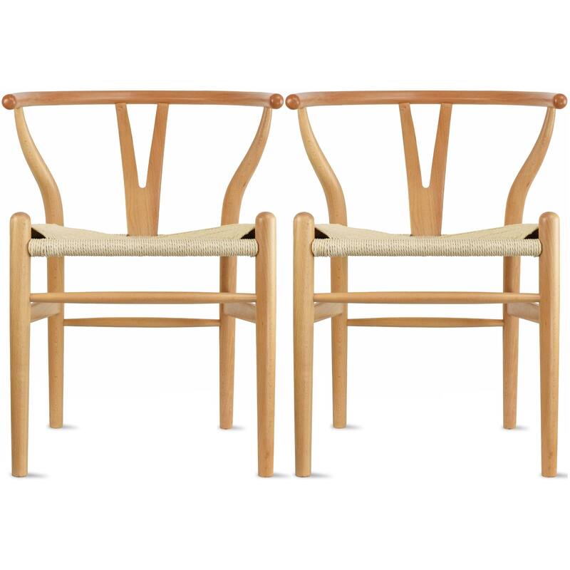 Set of 2 Natural Modern Wood Dining Chair With Back Y Arm Armchair Hemp Seat Home Restaurant Office Desk Work Kitchen - Natural