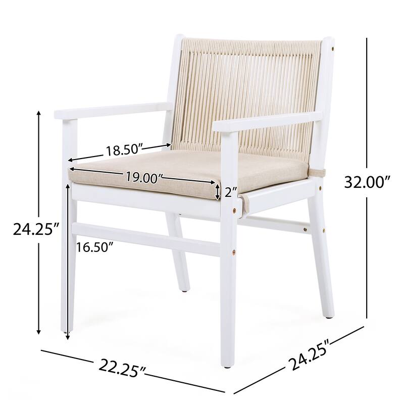 Outdoor Dining Chairs Set of 2, Acacia Wood Patio Armchair with Rope Design Back and Water Repellent Cushion, White Frame