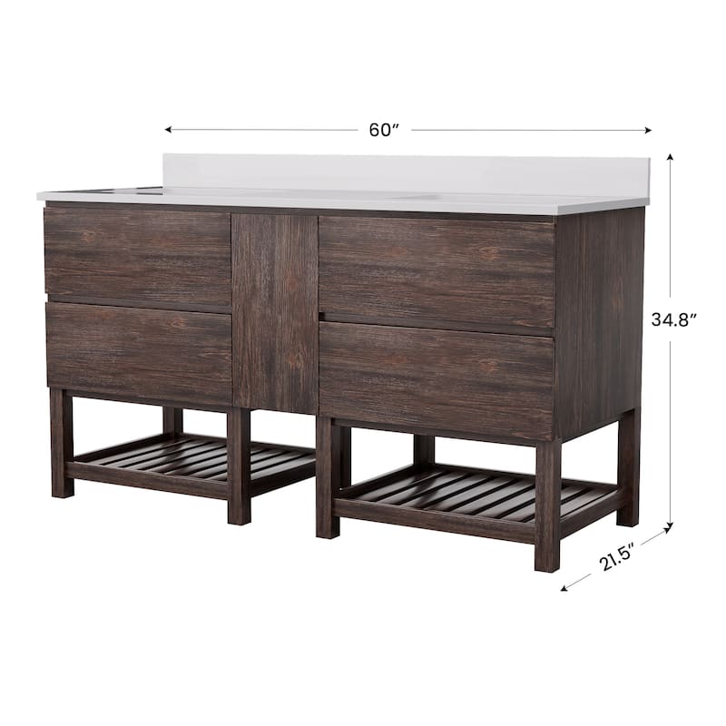 60-Inch Antique Style Solid Wood and MDF Double Sink Bathroom Vanity with Storage