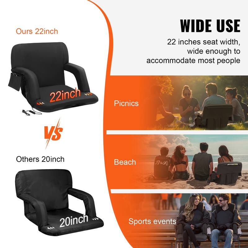 Double Heated Stadium Seat with Back Support Ideal for Sport Event Beach Camping Concert - 22 inches