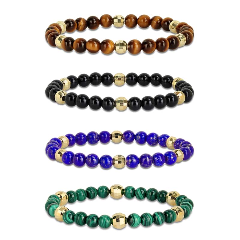 Miadora Yellow Silver Lapis Malachite and Tiger Eye Bead Bracelet 3 or 4 Piece Set - Four