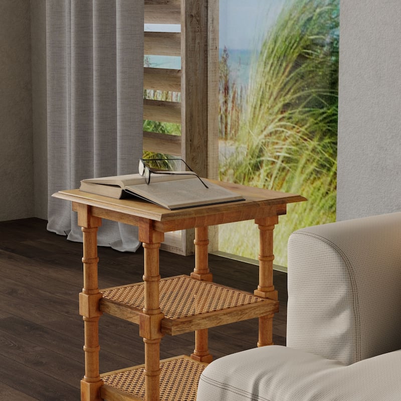 2-Shelf Handcrafted Wooden Side Table - 24" - Brown