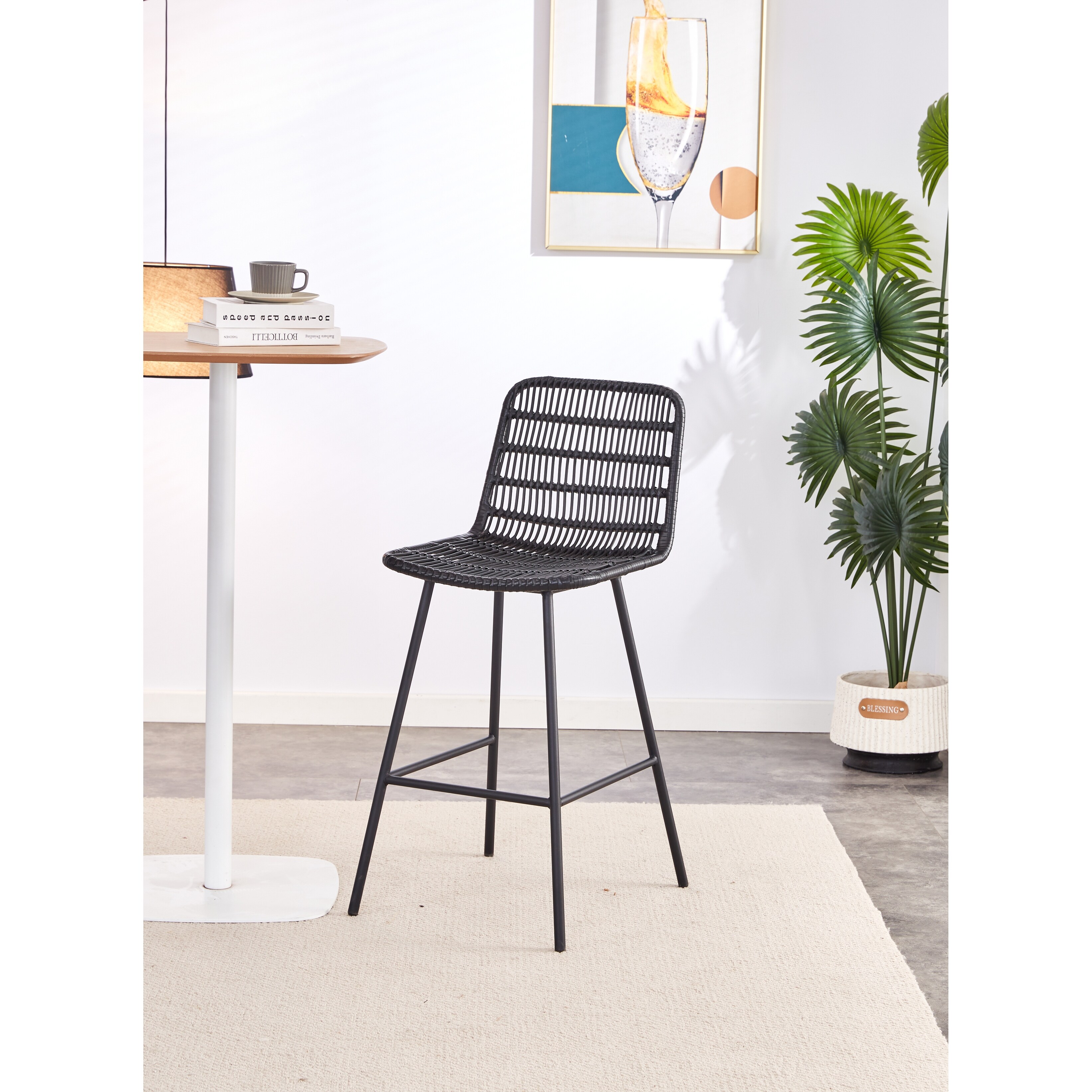Armless Rattan Bar Stool with Backrest Counter Non slip Foot
