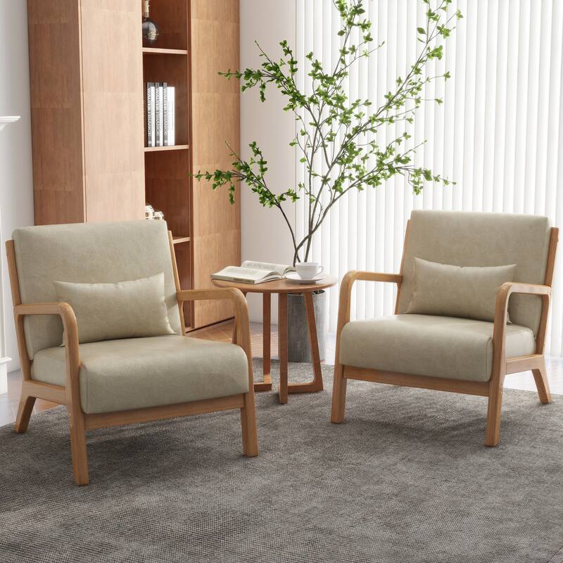 Upholstered Armchair Accent Chairs with Pillows Set of 2 - Natural Wood/PU Leather - Cream/PU/Natural Wood