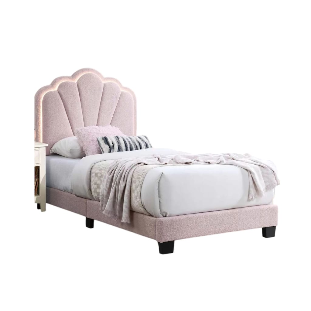 Roxy Twin Bed, Pink Wool Upholstery, LED Lighting, Padded Headboard