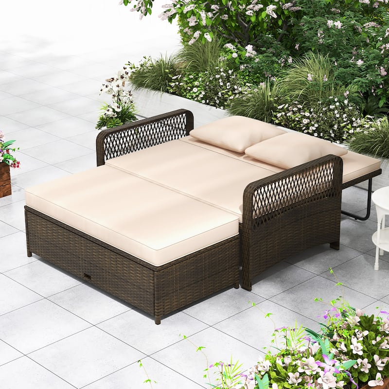Gymax Patio Rattan Daybed Wicker Loveseat Sofa w/ Multifunctional
