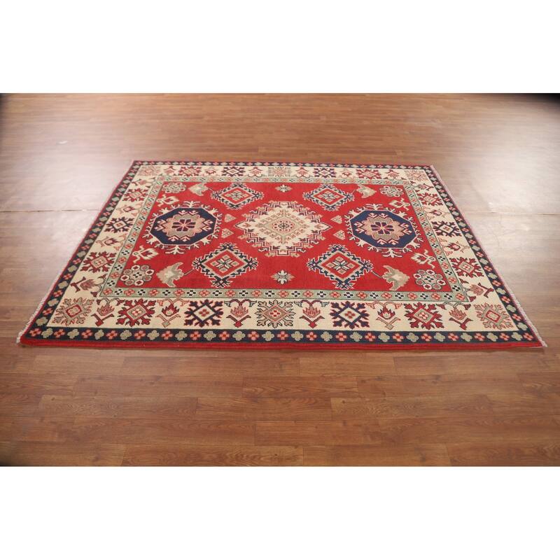 Geometric Kazak Area Rug Handmade Red Wool Carpet - 5'1" x 6'8"