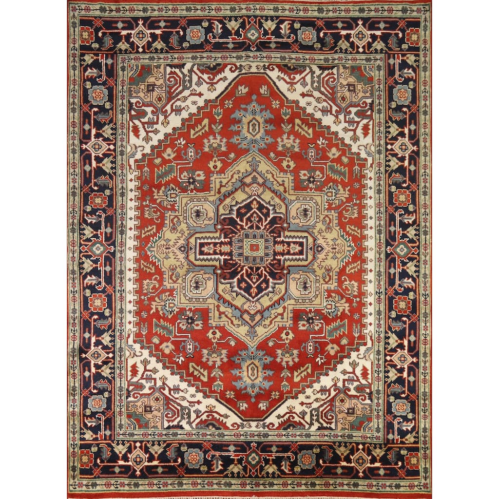 Medallion Heriz Serapi Indian Area Rug Hand-Knotted Wool Carpet - 7'11" x 9'10"