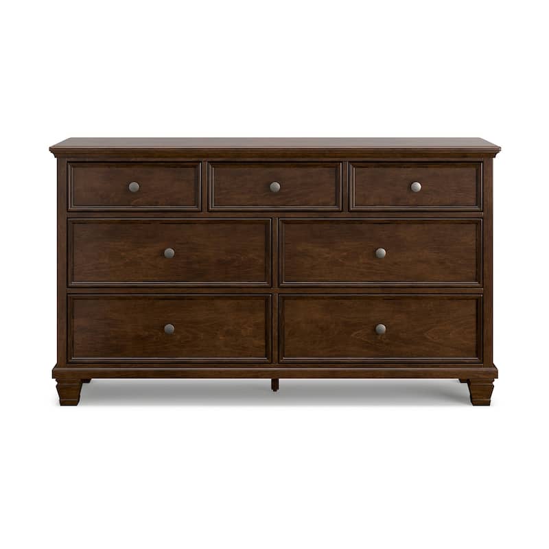 Reno Wide Dresser, 7 Storage Drawers, Nickel Round Knobs, Rich Brown
