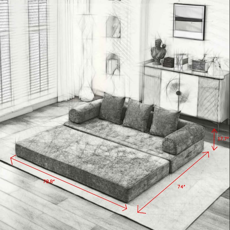3-Tier Design Convertible Chenille Sofa Bed, Folding Sleeper Floor Sofa with Pillows, No-Assembly Modular Sofa Couch
