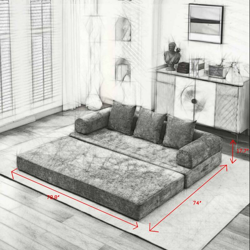 Chenille Folding Sofa Floor Sleeper Bed Chaise Lounger Couch 3-in-1 Comfy Mattress with Reversible Arm Pillows and Non-slip Pad