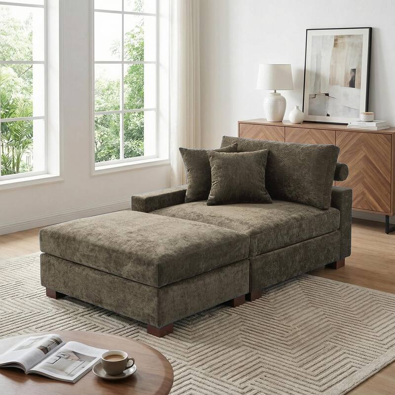 Modern Chenille Chaise Lounge Set with Ottoman