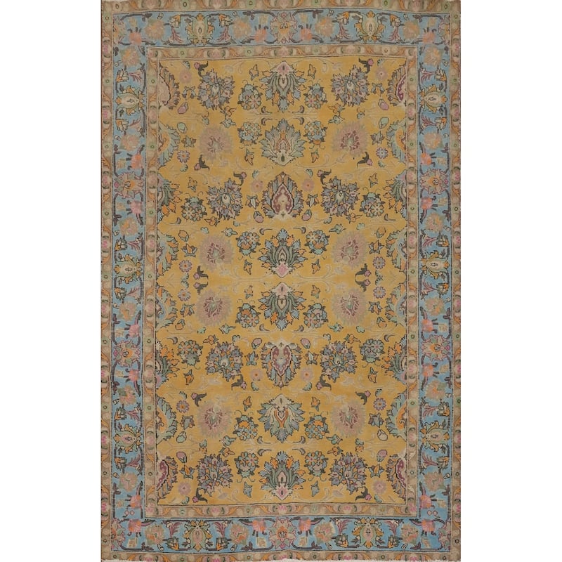 Hand Knotted Oriental 100% Wool Carpet Traditional Floral Yellow & Gold Tabriz Area Rug - 9' 1'' X 6' 3''