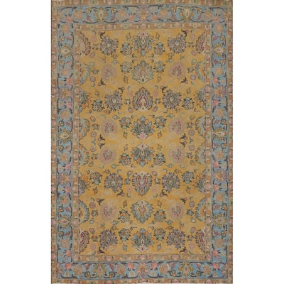 Hand Knotted Oriental 100% Wool Carpet Traditional Floral Yellow & Gold Tabriz Area Rug - 9' 1'' X 6' 3''